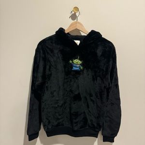 Disney Toy Story Pixar green alien embroidered fuzzy black hoodie sweatshirt